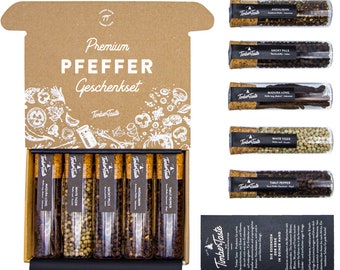 Pfeffer aus aller Welt - Geschenkset Frauen I 5 erlesene premium Pfeffer mit Rezepten (PDF) in nachhaltiger Gewürzbox