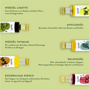 May include: Four glass bottles of flavored oil with labels in German. The bottles are labeled "W&Uuml;RZ&Ouml;L LIMETTE", "AVOCADO&Ouml;L", "W&Uuml;RZ&Ouml;L THYMIAN", and "WALNUSS&Ouml;L". Each bottle has a different colored label and a small image of the flavoring ingredient.