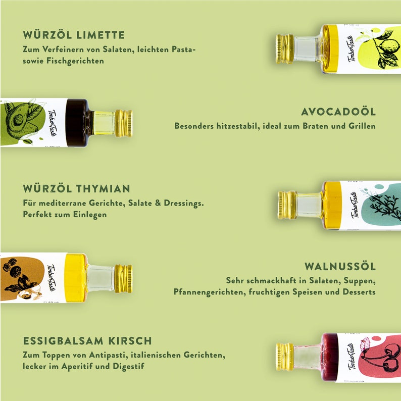 May include: Four glass bottles of flavored oil with labels in German. The bottles are labeled "W&Uuml;RZ&Ouml;L LIMETTE", "AVOCADO&Ouml;L", "W&Uuml;RZ&Ouml;L THYMIAN", and "WALNUSS&Ouml;L". Each bottle has a different colored label and a small image of the flavoring ingredient.