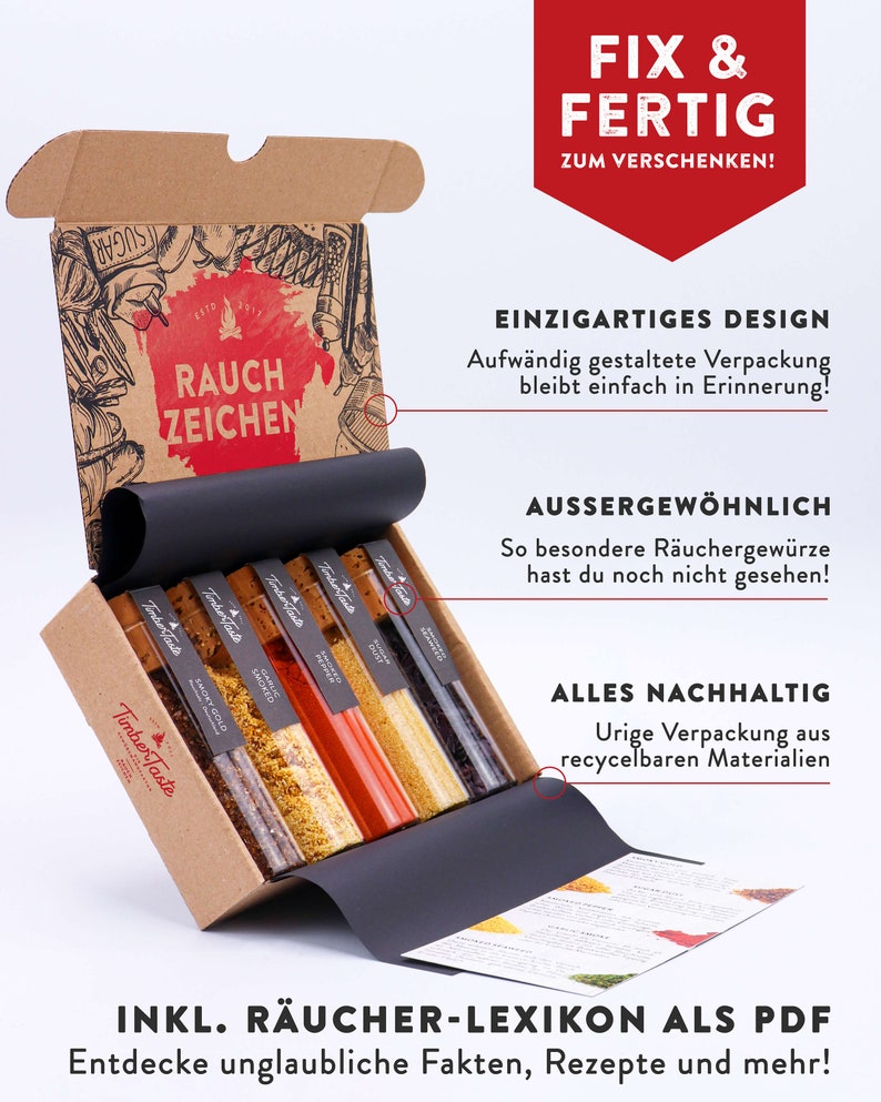 Raucharoma Gewürze Geschenkset I 5 edle Gewürze mit Rauchgeschmack & Rezepte-Ratgeber PDF I Top Geschenk für Hobbyköche Bild 2