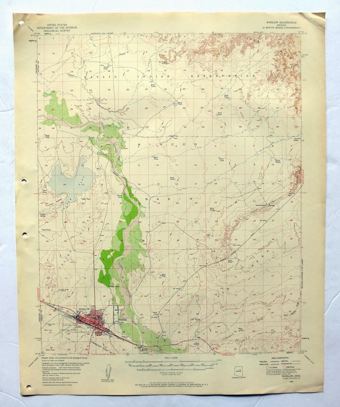 Winslow Arizona Vintage Original USGS Topo Map 1954 15minute