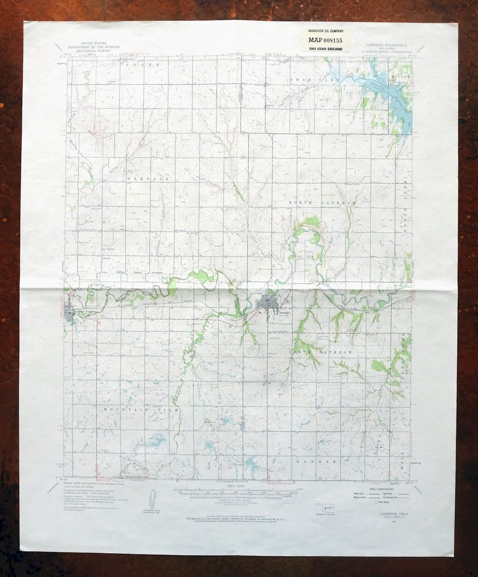 Carnegie Oklahoma Vintage Original USGS Topo Map 1961 Mountain Etsy