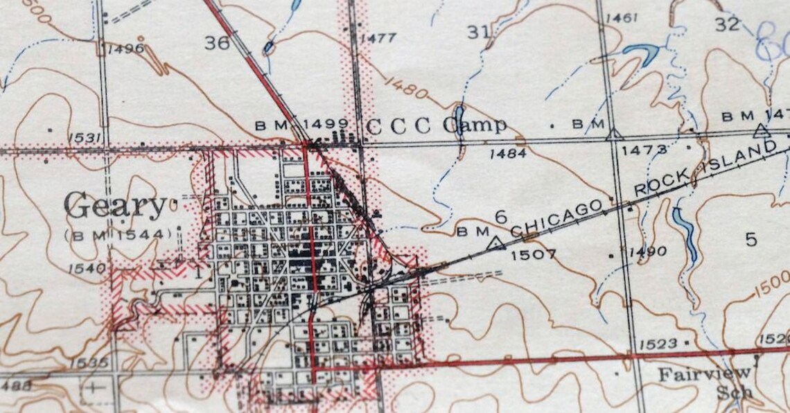 1942 Geary Oklahoma Vintage Original USGS Topo Map Hinton Etsy