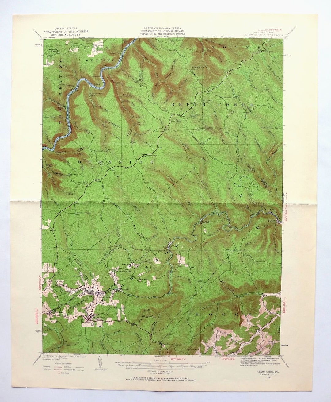Snow Shoe Pennsylvania Vintage Original USGS Topo Map 1928 Clarence 15