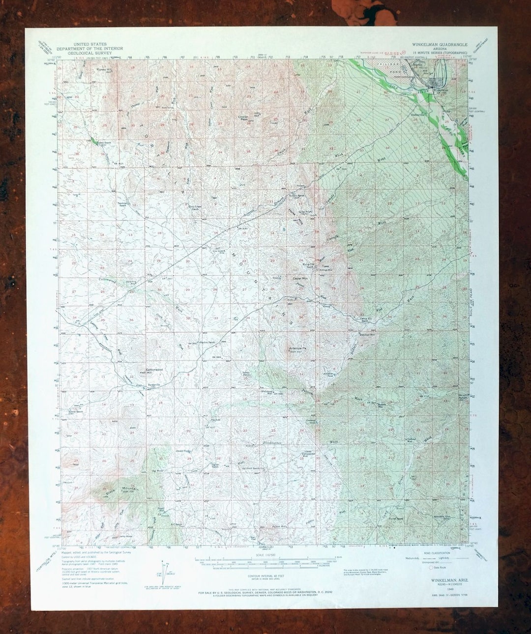 Winkelman Gila River Tortilla Mountains Arizona Vintage Original USGS