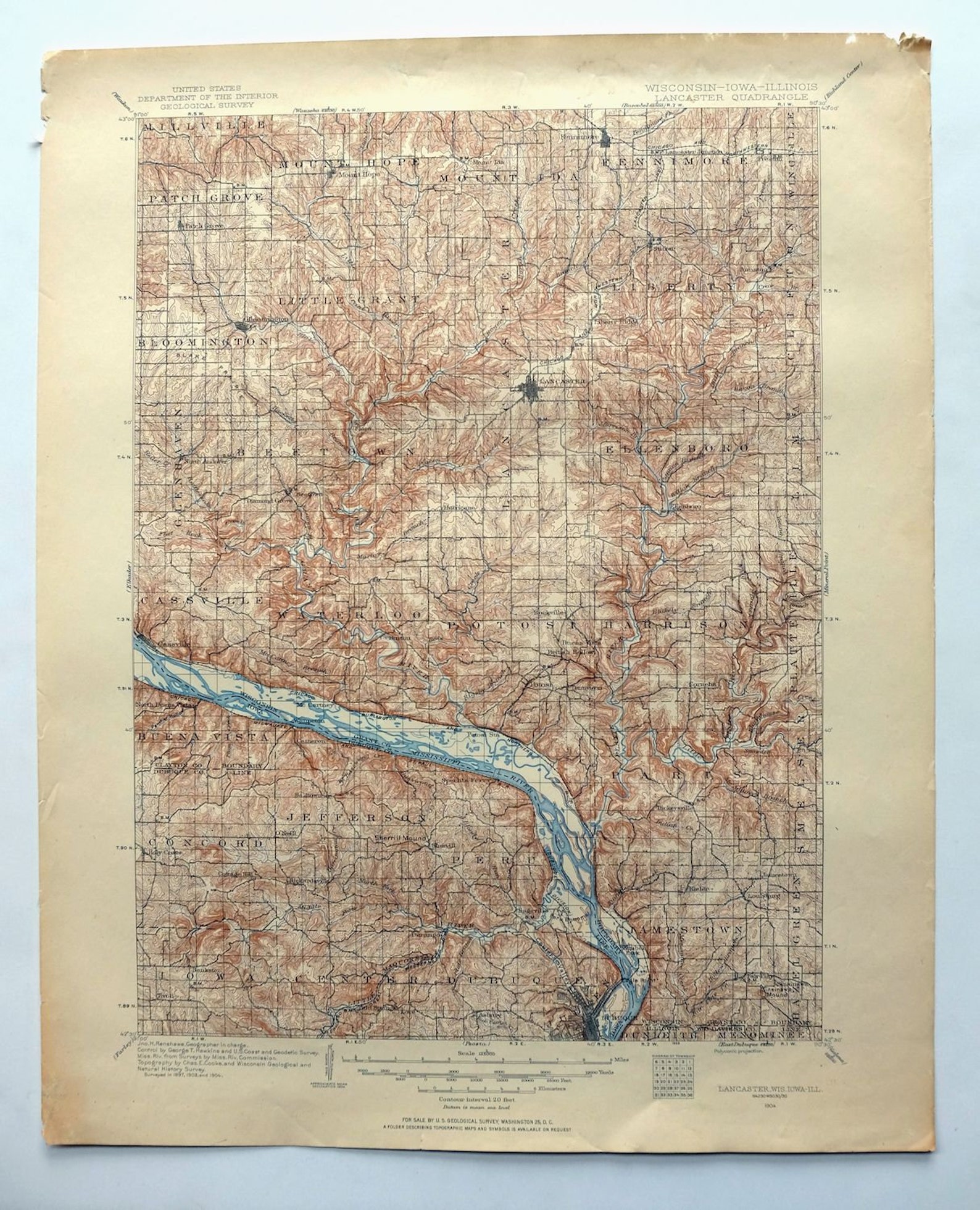 Lancaster Wisconsin Illinois Vintage Original USGS Topo Map Etsy
