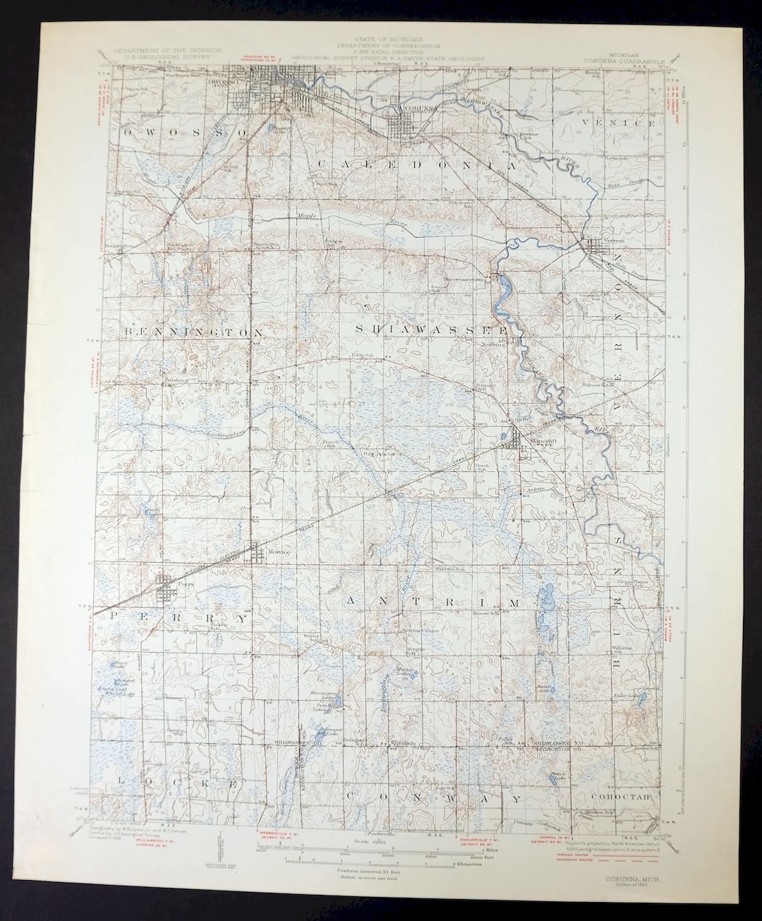 1929 Corunna Michigan Vintage Original USGS Topo Map Owosso 15minute