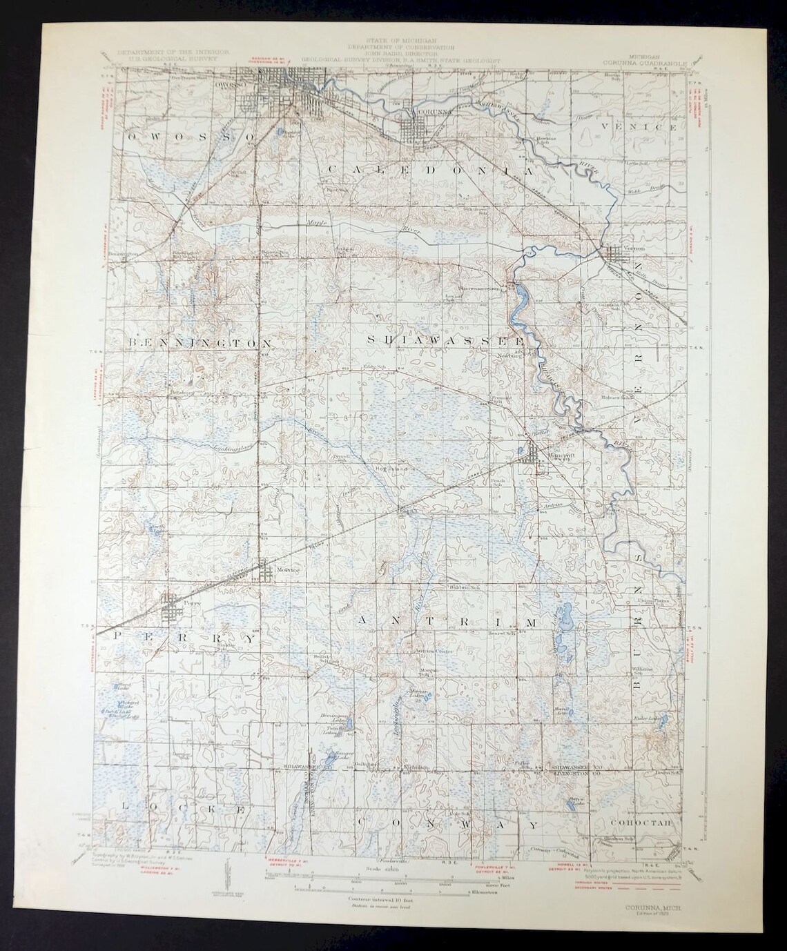 1929 Corunna Michigan Vintage Original USGS Topo Map Owosso 15minute