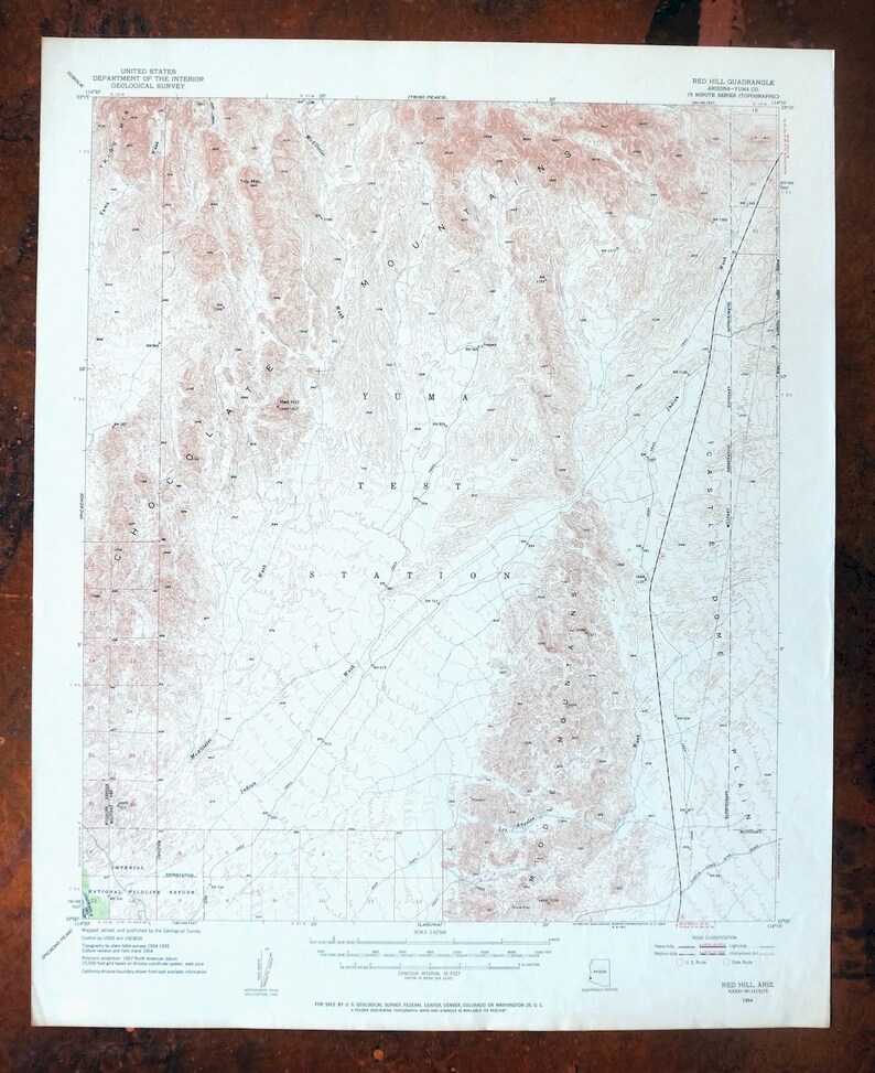Red Hill Chocolate Mountains Castle Dome Plain Arizona California Vintage Original USGS Topo Map 1954 15-minute Topographic