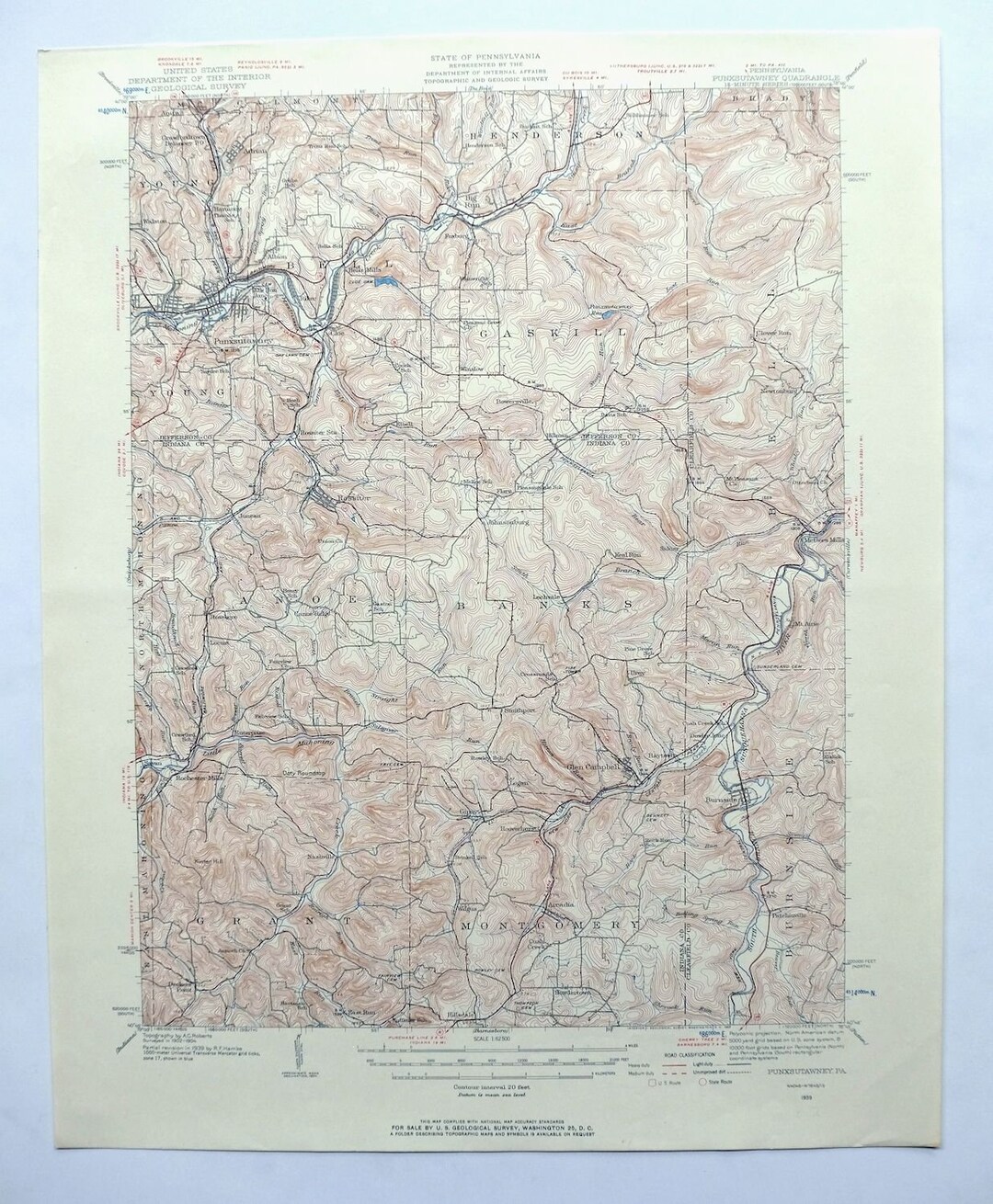 Punxsutawney Pennsylvania Vintage Original USGS Topo Map 1939 Rossiter Big Run 15minute