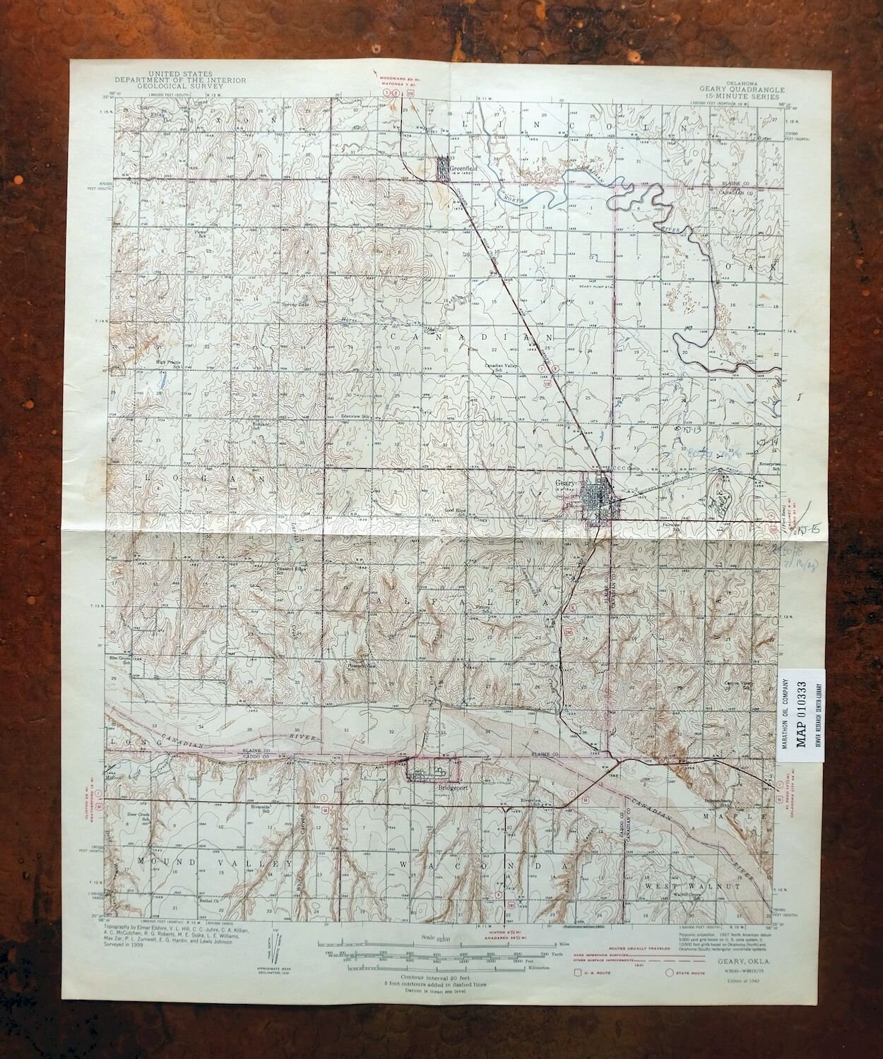 1942 Geary Oklahoma Vintage Original USGS Topo Map Hinton Etsy
