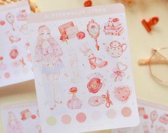 Stickersheet - Coquette Aesthetic | Bullet Journal Stickers, Planner Sticker, Scrapbook Sticker, Rose Sticker, Pastel Sticker