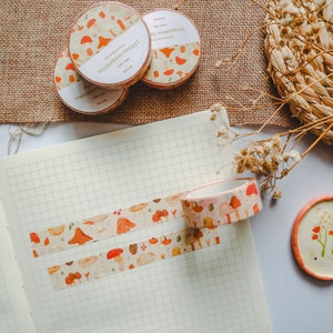Washi Tape - Paddenstoelenbos | Bullet Journal-stickers, plannertape, illustraties, paddenstoel, bladeren, dieren, beige washitape