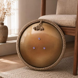 K&ouml;nnte beinhalten: Ein kreisf&ouml;rmiges Handpan-Instrument aus Messing mit einer glatten, polierten Metalloberfl&auml;che und drei kleinen, gleichm&auml;&szlig;ig verteilten kreisf&ouml;rmigen Vertiefungen. Der &auml;u&szlig;ere Rand ist mit einer dicken, geflochtenen beigen Kordel umrandet.