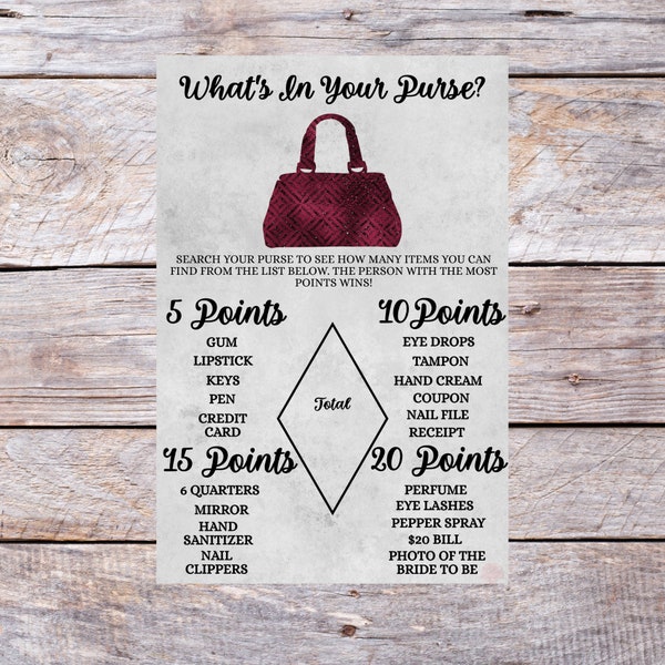 Instant Download Rustic Grey Burgundy Grey  5x7.5 What's In Your Purse Bridal Shower Game High Quality Printable