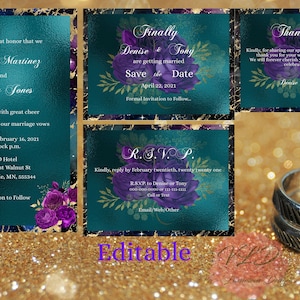 Bearbeitbare Vorlage Petrol Lila Gold Marmor Hochzeitseinladung 4 Stück Set Hochwertige Druckbare Kostenlose Demo testen