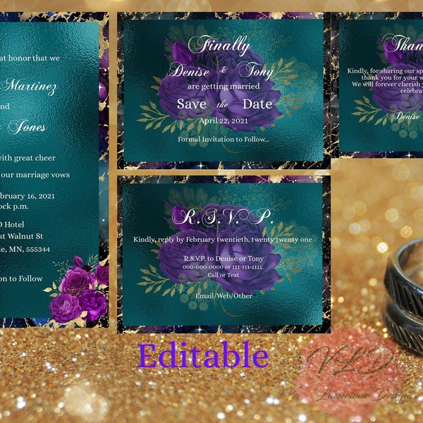 Editable Template Teal Purple Gold Marble Wedding Invitation 4 Piece Set  High Quality Printable Try Free Demo