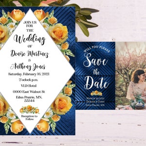Modèles modifiables imprimables Royal Blue Yellow Rose 5x7 Wedding Invite Save the the Date 7x5 High Quality Try Free Demo