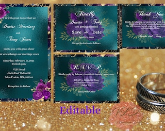 card *SAMPLE* TEAL & MARBLE Wedding Invitation Bundle with FREE R.S.V.P 