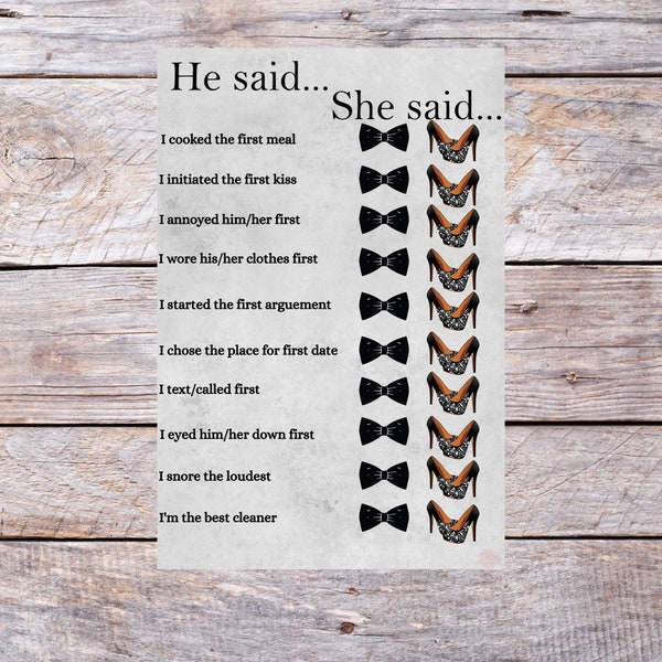 Instant Download 5x7.5 Rustic Theme Gray Burgundy  He Said She Said Bridal Shower Game Printable High Quality Instructions Included