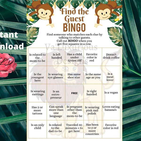 Baby Shower 5x7.5  Safri Animal Find the Guest Bingo Instant Download Printable High Quality