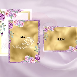 Invitation Set Templates Lilac Gold White DIY Blank Watercolor Floral Luxury Event Wedding Greeting Card 3 piece Set Purple Lilac Bundle