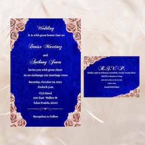 Royal Blue Rose Gold Wedding  Editable  Printable Invitation RSVP Download