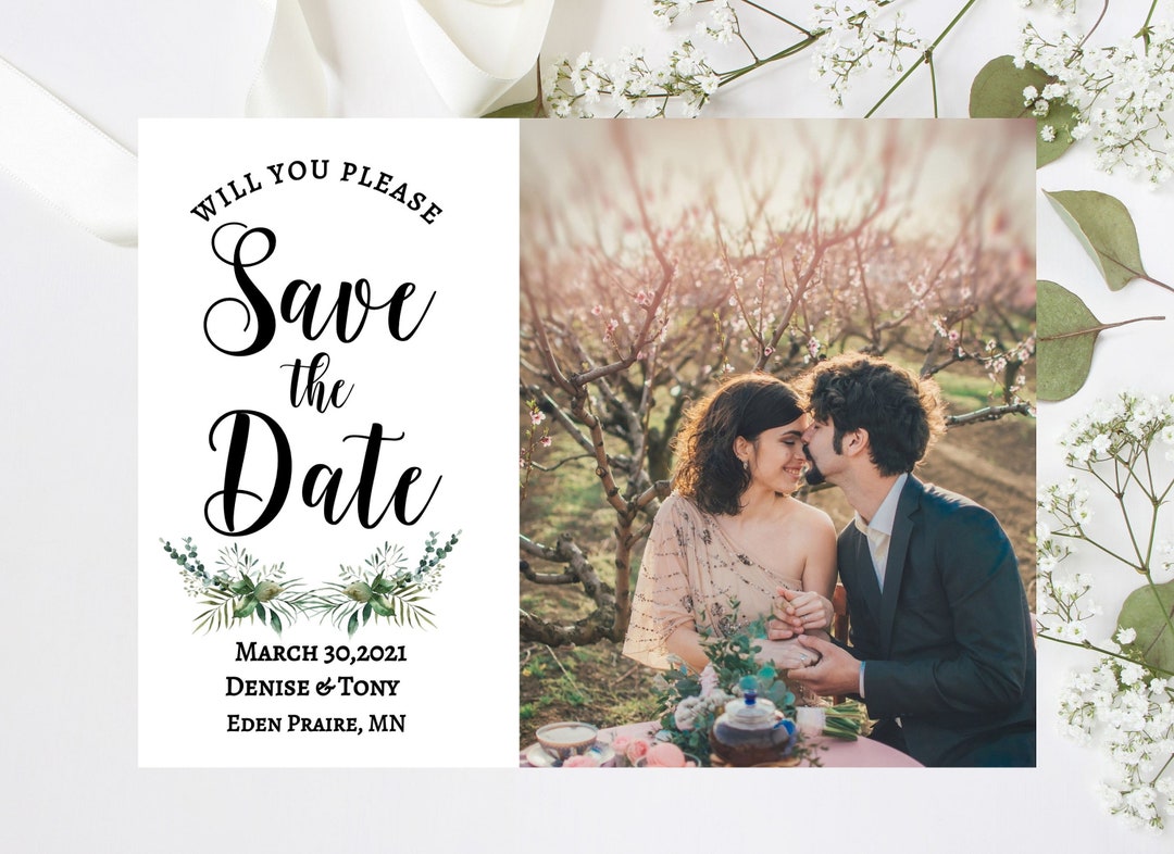 Editable Template Printable Greenery Custom Photo Save the the Date 7x ...