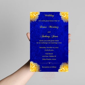 Royal Blue Wedding  Editable Yellow Printable Invitation