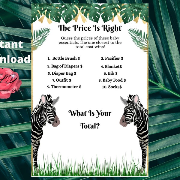 Baby Shower 5x7.5  Safri Animal The Price Is Right Instant Download Printable High Quality