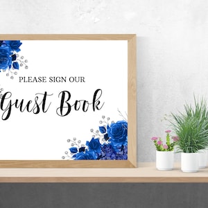 Gastenboek Teken Royal Blue Silver 10x8 Horizontale Instant Download Afdrukbare Hoge Kwaliteit Bruiloft Bruids Douche Teken