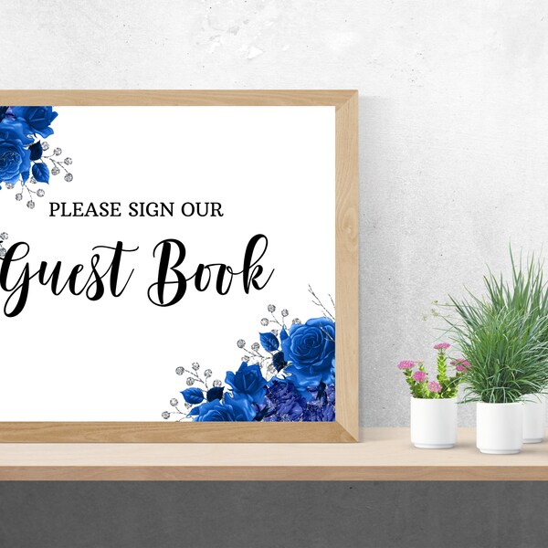 Guest Book Sign Royal Blue Silver 10x8 Horizontal Instant Download Printable High Quality Wedding Bridal Shower Sign