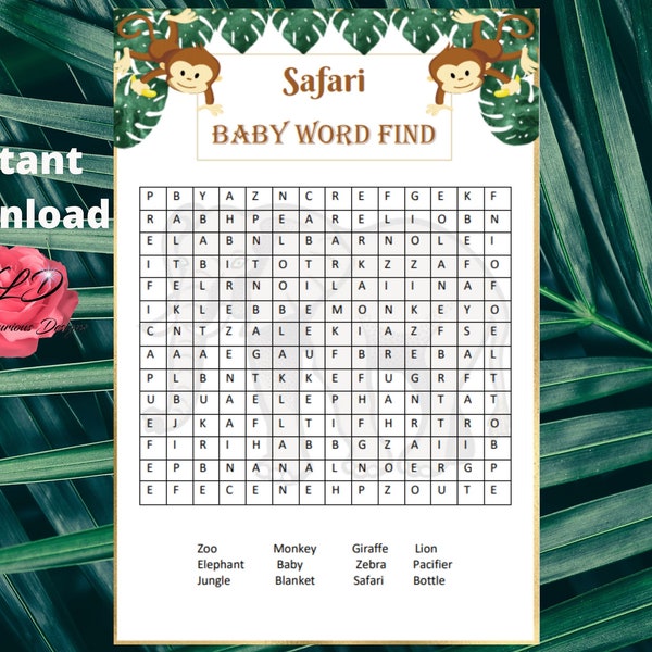 Baby Shower 5x7.5  Safri Animal Word Find Instant Download Printable High Quality