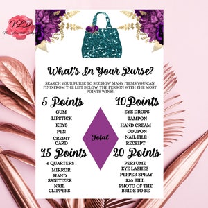 Instant Download Teal Purple 5x7.5 Wat zit er in je portemonnee Bruidsdouchespel Hoge kwaliteit afdrukbaar