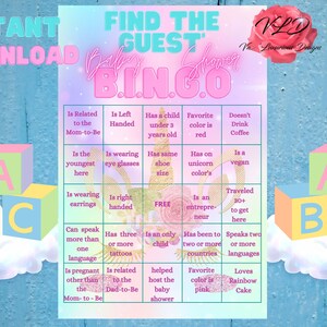 Baby Shower 5x7.5  Unicorn Rainbow Find the Guest Bingo Instant Download Printable High Quality