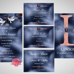 Personalize Rose Gold Navy Blue Burgundy Wedding Invitation 4 Piece Set  High Quality Printable + Bonus 11x17  Monogram Printable Poster
