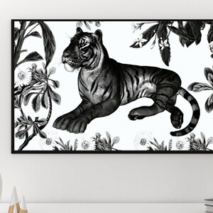 Digital Download Vintage Flowers Tiger Black and White Wall Art Décor Instant Download Printable Jungle Safari Animal 17x11 36x24