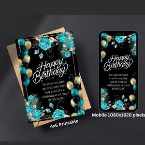 Carte de voeux, citation, bleu sarcelle, anniversaire, or