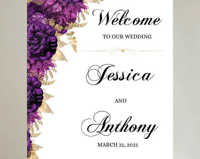 Editable Template Printable Purple Gold Teal Sparkle Wedding Welcome ...