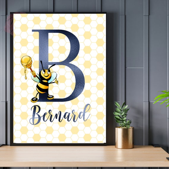  Honey Bumble Bee Texture Personalized Initial Black
