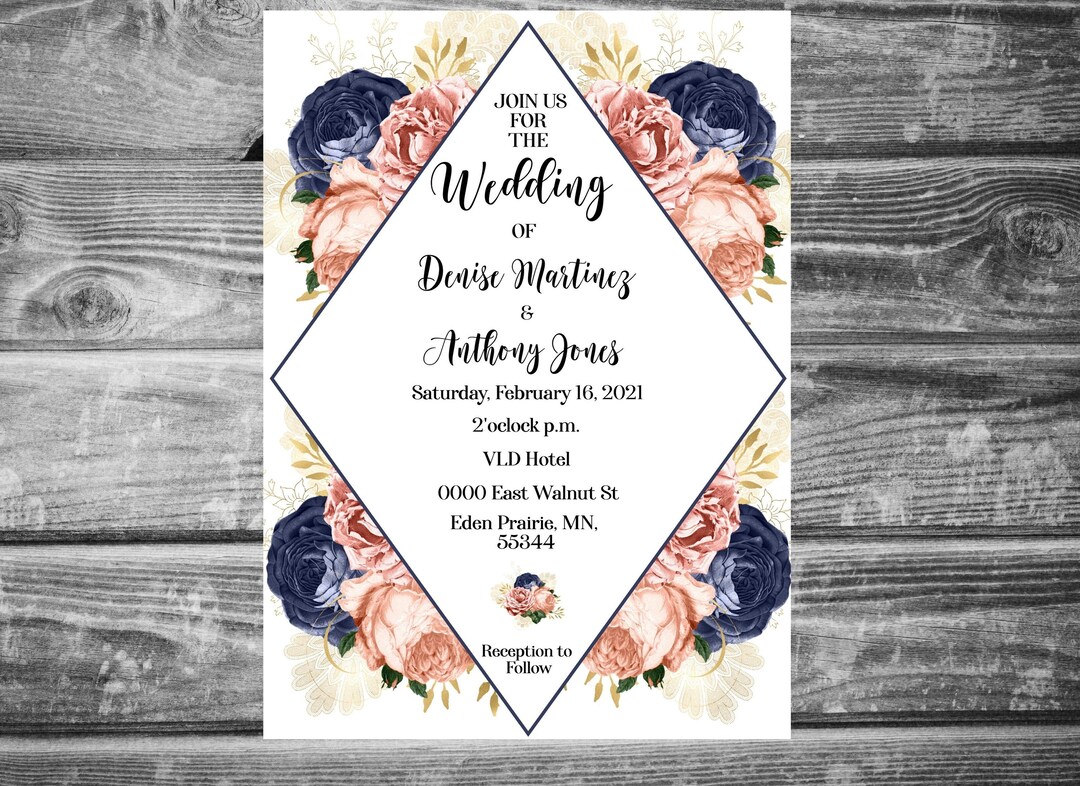 Editable Templates Printable Coral Diamond Navy Blue 5x7 Wedding ...