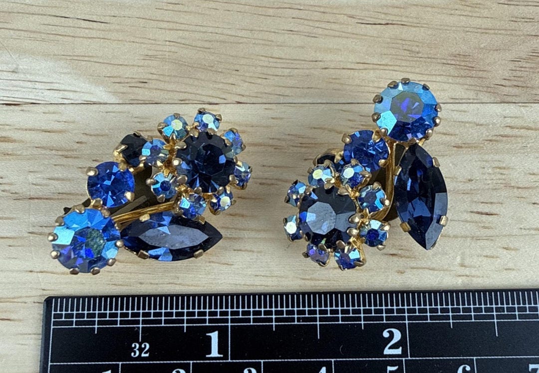 Vintage Made in Austria Blue Rhinestones Clip on Earrings Gold Tone ...
