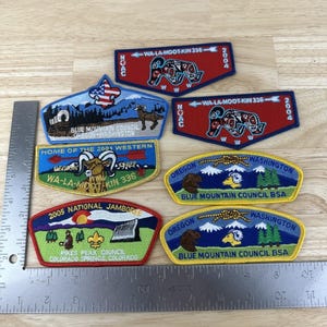May include: A collection of vintage Boy Scout patches. The patches feature various designs, including text, illustrations of animals, and the text "2005 National Jamboree". The patches are in various colors, including red, blue, yellow, and green.
