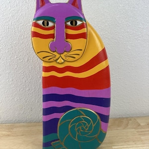 Laurel Burch Carved Wooden Cat Vintage 1980&#39;s Hand Painted 14&quot; Tall