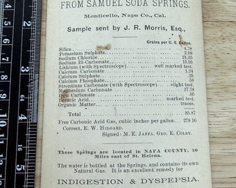 Samuel Soda Springs Monticello Napa County California Water Analysis 1894 Card