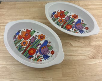Royal Crown Paradise Birds Porcelain Ovenware Casserole Dish Set Of 2 Vintage