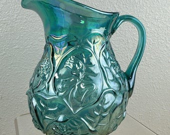Vintage Fenton Iridescent Blue Green Carnival Glass Pitcher Water Lily Dahlia