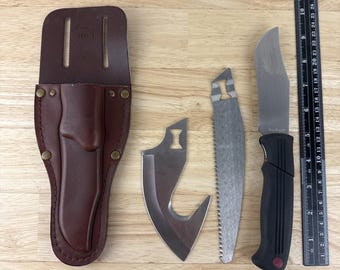 Vintage Kershaw 1098L Alaskan 3 Multi Blade Trader Knife w/ Leather Sheath