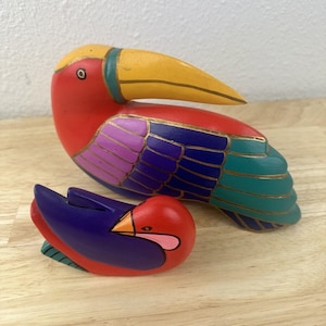 Vintage Laurel Burch Toucan Bird Wooden Folk Art Hand Carved Shelf Sitter LOT 2