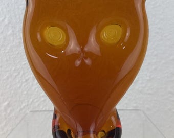 Viking Amber Owl Art Glass Figurine Paperweight MCM Hand Blown Animal